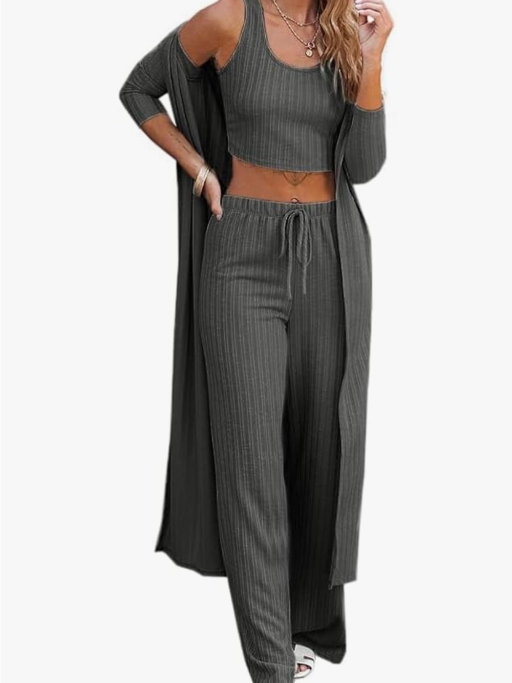 Ribbed 3-Piece Loungewear Set - Dark Gray